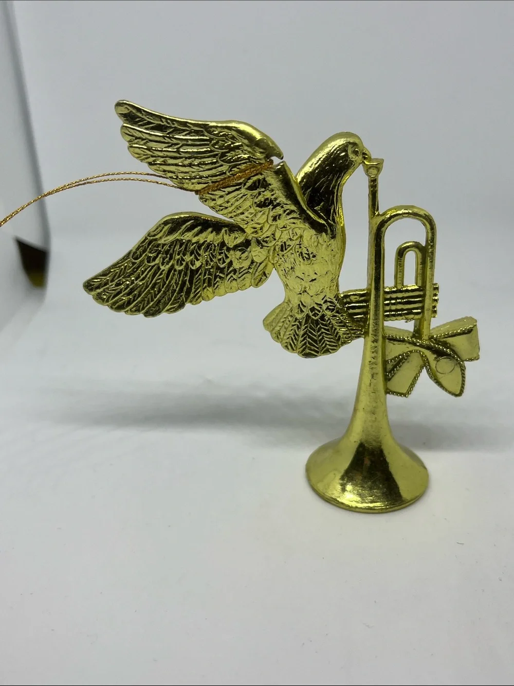 Vintage Gold Flying Dove with Trumpet Holiday Ornament with Red Bow